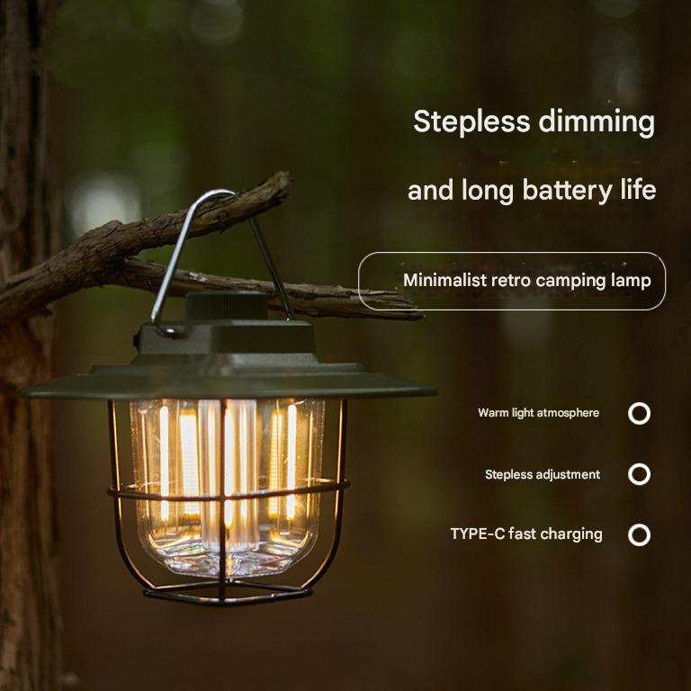 Black Vintage LED Camping Lantern - Rechargeable, Stepless Dimming, Power Bank