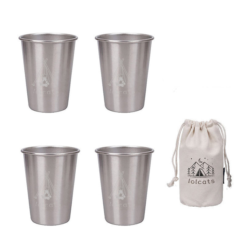 Silver 304 Stainless Steel Camping Cup - 350ml Outdoor Drinkware(Set of 4 with Bag)