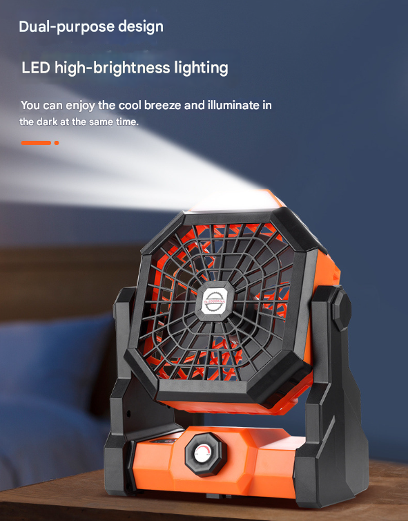 Black Portable USB Camping Fan with 7800mAh Battery and 3-Mode LED Lighting
