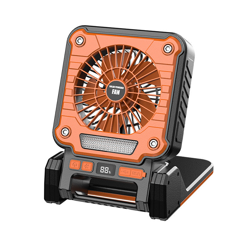 Solar & USB Rechargeable Camping Fan with LED Light - Portable Power Bank, 180° Collapsible(Orange)