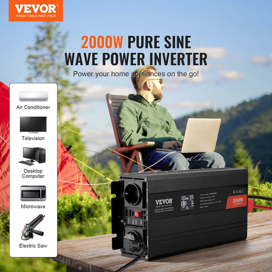 VEVOR Pure Sine Wave Inverter, 2000 Watt,  Power Inverter with 2 AC Outlets 2 USB Port 1 Type-C Port, LCD Display and Remote Controller for Medium-Sized Household Equipment, CE FCC