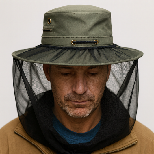 Deluxe MOSQUITO HAT NET Head Protector Bee Bug Mesh Mozzie Insect Fishing Fly - Black