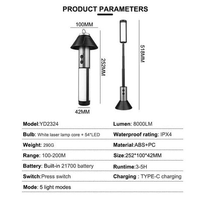 Multifunctional Telescopic Camping Lantern – Portable LED Light with Adjustable Height and USB-C Charging (Up to 51.8 cm)