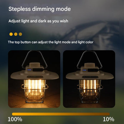 Green Vintage LED Camping Lantern - Rechargeable, Stepless Dimming, Power Bank