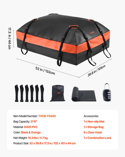 Car Rooftop Cargo Carrier Bag 21 Cubic Feet Roof Cargo Carrier 840D PVC