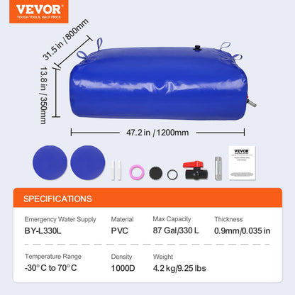 VEVOR Portable Water Storage Bladder 87 Gal 1000D PVC Collapsible Water Tank