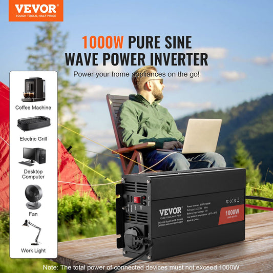 VEVOR Pure Sine Wave Inverter, 1000 Watt, DC 12V to AC 230V Power Inverter with 2 AC Outlets 2 USB Port 1 Type-C Port, Remote Control for Small Home Devices like Smartphone Laptop, CE FCC Certified
