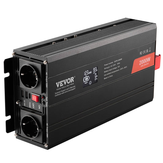 VEVOR Pure Sine Wave Inverter, 2000 Watt,  Power Inverter with 2 AC Outlets 2 USB Port 1 Type-C Port, LCD Display and Remote Controller for Medium-Sized Household Equipment, CE FCC