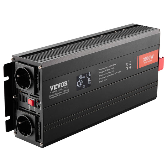 VEVOR Pure Sine Wave Inverter, 3000 Watt, Power Inverter with 2 AC Outlets 2 USB Port 1 Type-C Port, LCD Display and Remote Controller for Large Home Appliances, CE FCC Certified