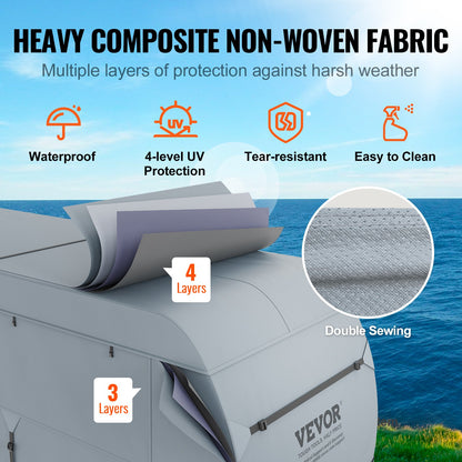 VEVOR Travel Trailer Cover, 9.1-9.8m RV Cover, 4-Layer Non-Woven Fabric Camper Cover, Waterproof, Windproof And Wear-Resistant Class A RV Cover, Rip-Stop Camper Cover with Storage Bag and Patches